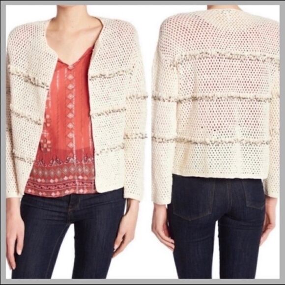 JOIE SEQUIN FRINGE CROCHET COTTON CARDIGAN SWEATER - Picture 1 of 7